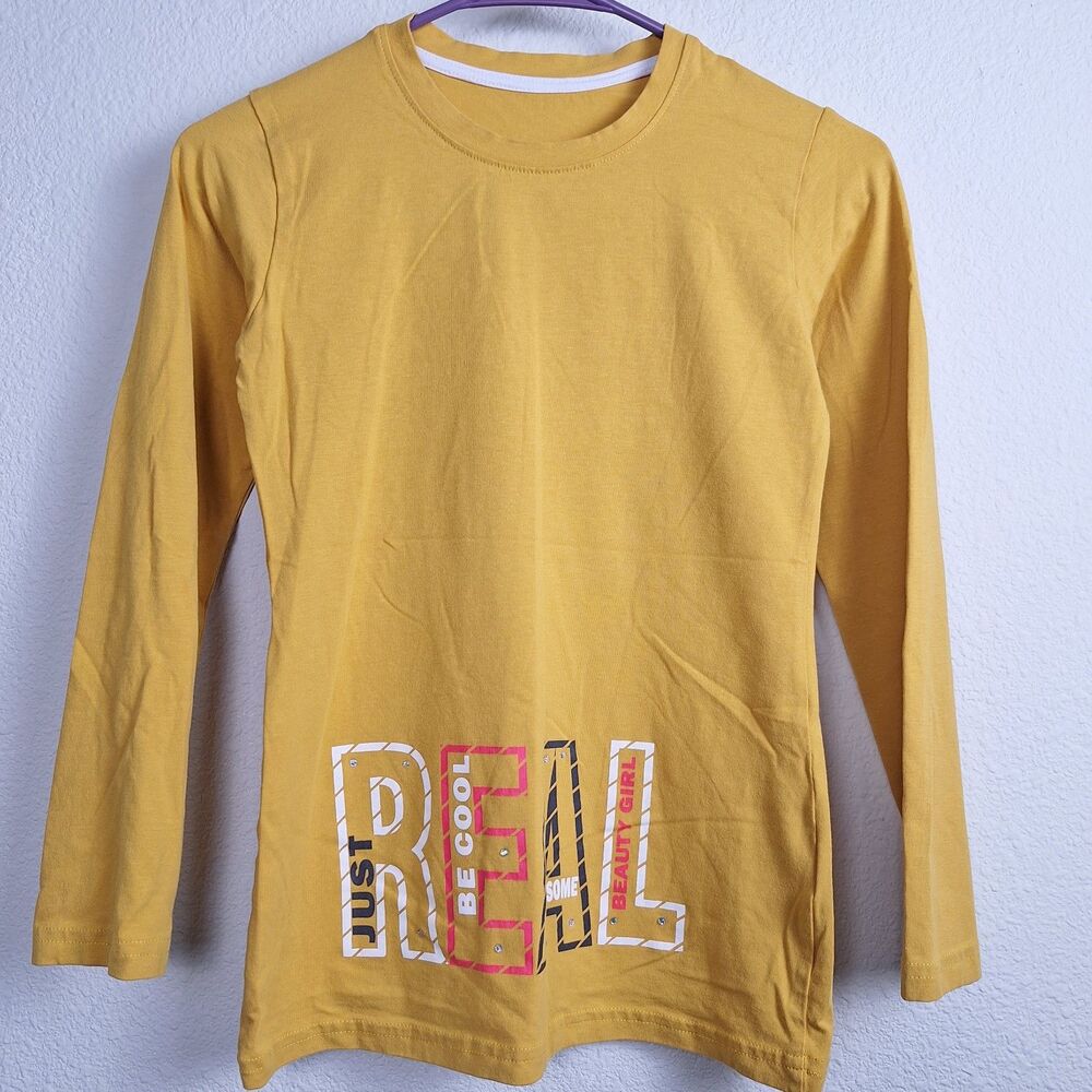 Piccolina Graphic Girls T-shirt Size 12 Long Sleeve Mustard Yellow Y2K Style